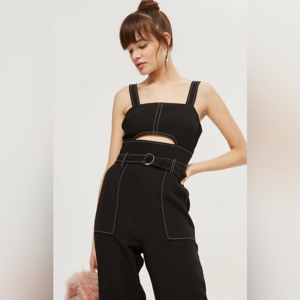 Love Culture black with white stitching & front cut out jumpsuit- Women’s Small